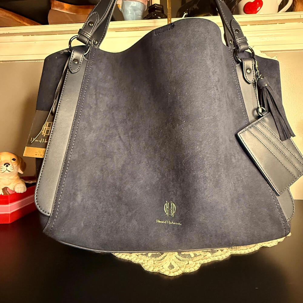 House of Harlow 1960 Luxe Navy Suede Tote Shopper w Card Holder NWT